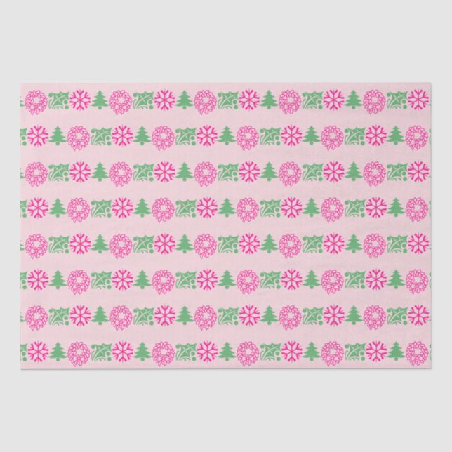 Papel De Seda Pink y Green Christmas Tree Holly Wreath (Anverso)