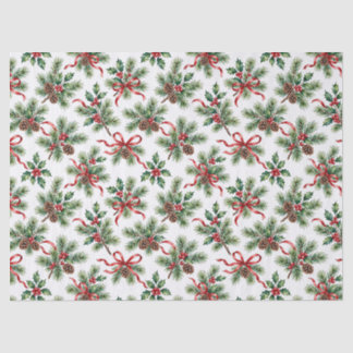 Papel De Seda Pino de Navidad en acuarela y cinta de acebo