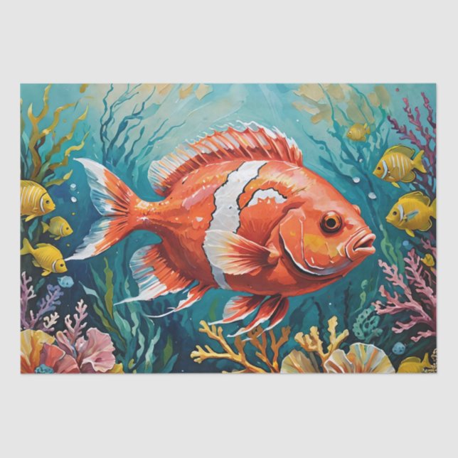 Papel De Seda Pintado Acrílico de Pescado y Coral (Anverso)