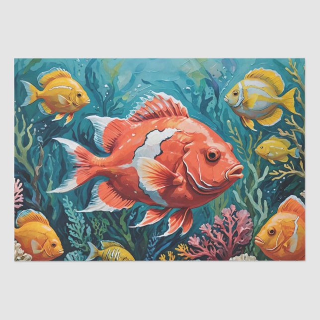 Papel De Seda Pintado Acrílico de Pescado y Coral (Anverso)