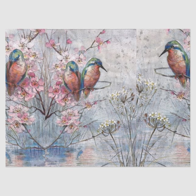 Papel De Seda Pintados bonitos de Kingfishers y flores (Anverso)