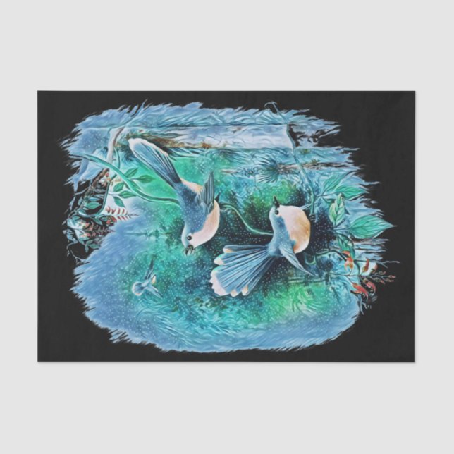 Papel De Seda Pintando aves azules de invierno 1 (Anverso)