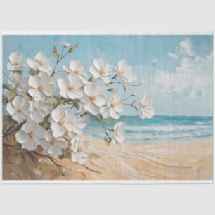 Papel De Seda Pintura al óleo de flores blancas en la playa
