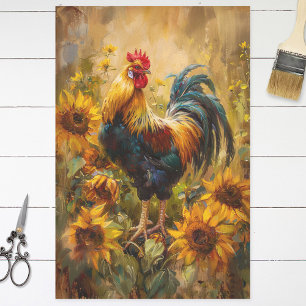 Papel De Seda Pintura al óleo de gallo y girasoles Decoupage