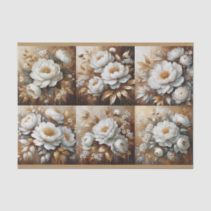 Papel De Seda Pintura al óleo de peonía blanca y dorada Decoupag