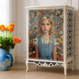 Papel De Seda Pintura al óleo floral de gingham azul vintage de