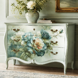 Papel De Seda Pintura al óleo verde azulado Rama de rosa Decoupa