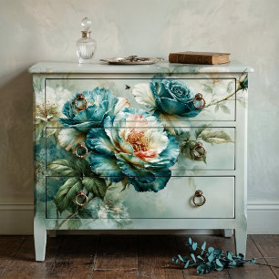 Papel De Seda Pintura al óleo verde azulado Rama de rosa Decoupa