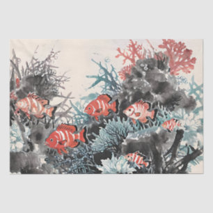 Papel De Seda Pintura china con tinta de peces y coral