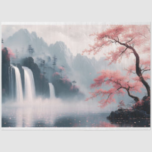 Papel De Seda Pintura china de cascada y árbol de flor de cerezo