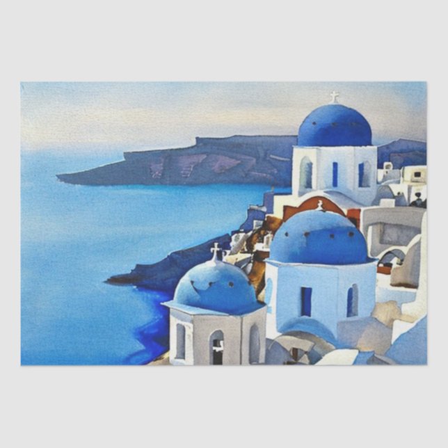 Papel De Seda Pintura de acuarela de Santorini Grecia (Anverso)
