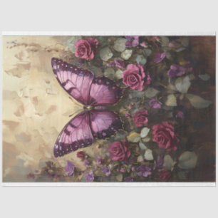 Papel De Seda Pintura de Arbusto de Rosas Mariposa Morada Decoup