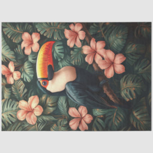 Papel De Seda Pintura de flores rosadas tropicales de tucán deco