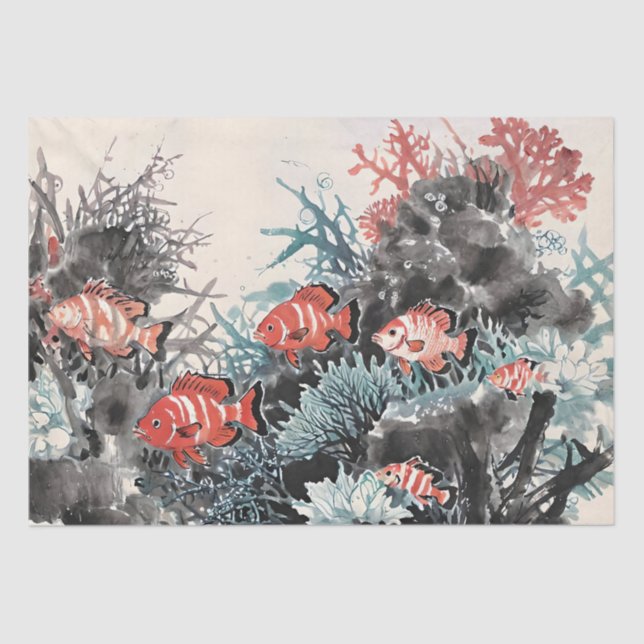 Papel De Seda Pintura de tinta china de pescado y coral (Anverso)