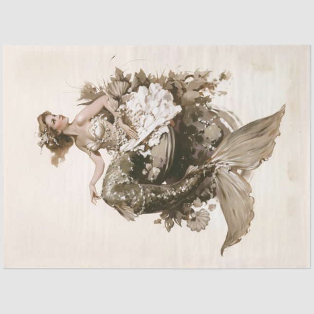 Papel De Seda Pintura floral de Sirena de época (Anverso)