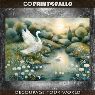 Papel De Seda Pintura renacentista con cisne y lago