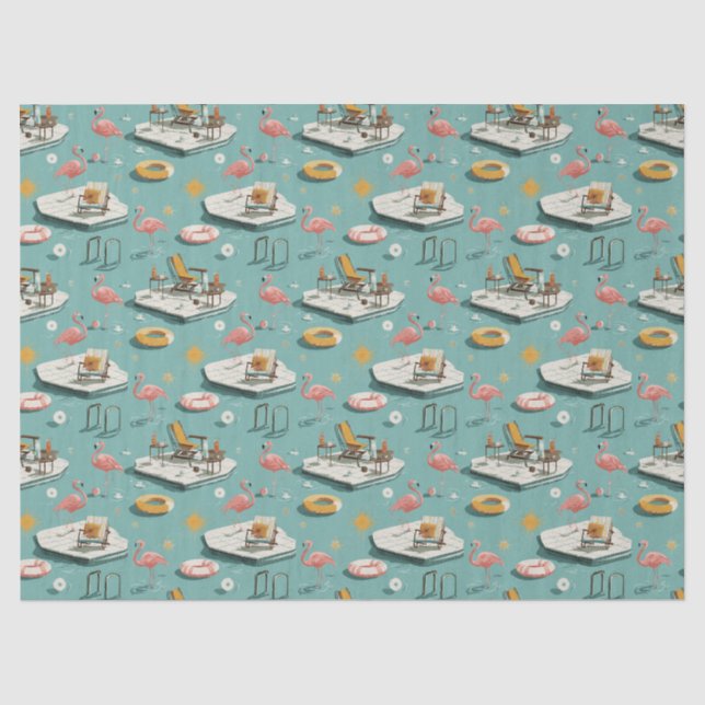 Papel De Seda Piscina Retro de Flamencos Estilo Verano (8) (Anverso)