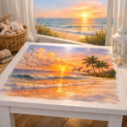 Papel De Seda Playa al amanecer acuarela con palmeras