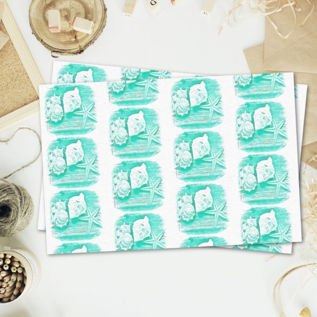 Papel De Seda playa costera acuarela verde azulada estrella de m (coastal beach watercolor teal seashell starfish tissue paper)