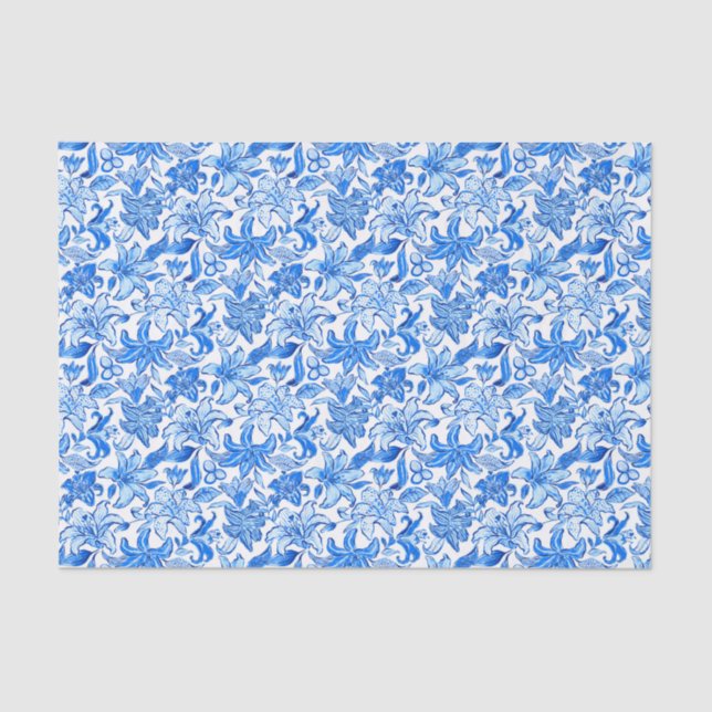 Papel De Seda Playa de Palm Preppy Imprime flores azules y blanc (Anverso)