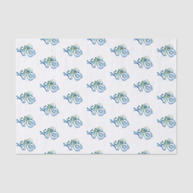 Papel De Seda Playa de Patrón de Acuarela de Octopus Azul (Anverso)