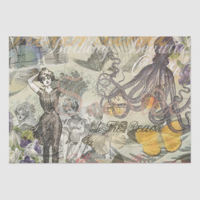 Papel De Seda Playa de Pulpo Antiguo Estilo Steampunk Costero (Anverso)