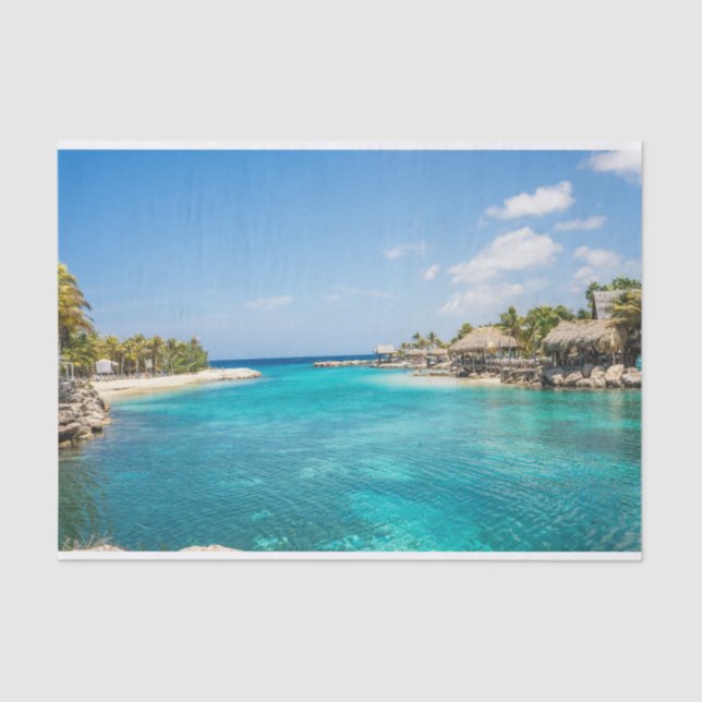 Papel De Seda Playa tropical panorámica con chozas de paja (Anverso)