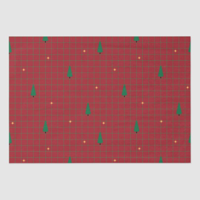 Papel De Seda Plazas verdes con árboles de Navidad en rojo (Anverso)