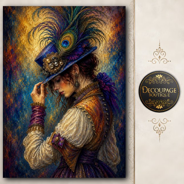 Papel De Seda Pluma de pavo real dama victoriana decoupage (Peacock Feather Victorian Lady Decoupage Tissue Paper)
