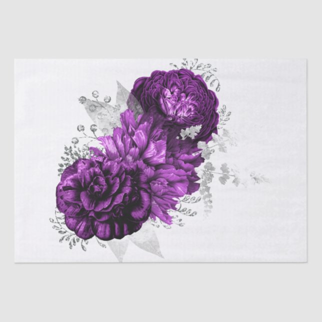 Papel De Seda Pluma Plata Púrpura Floral Bouquet acuarela (Anverso)