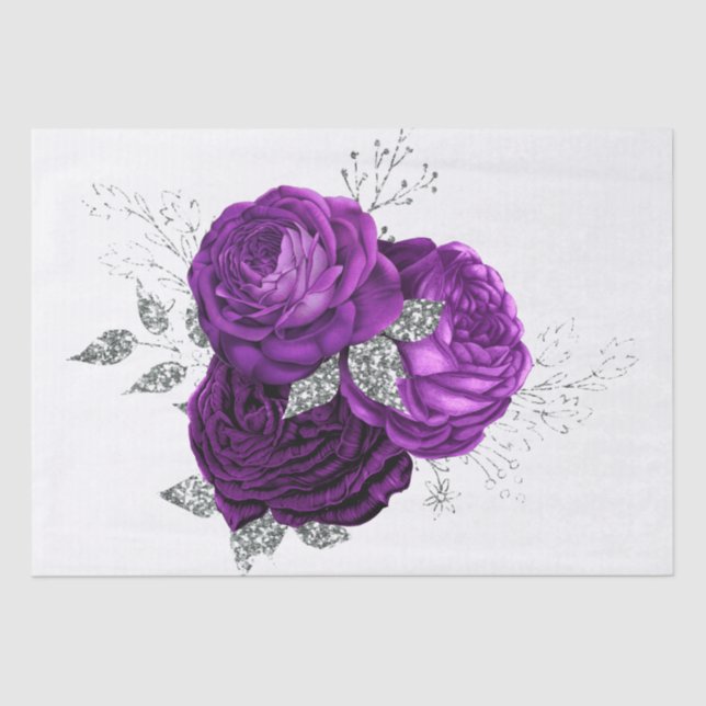 Papel De Seda Pluma Plata Púrpura Floral Bouquet acuarela (Anverso)