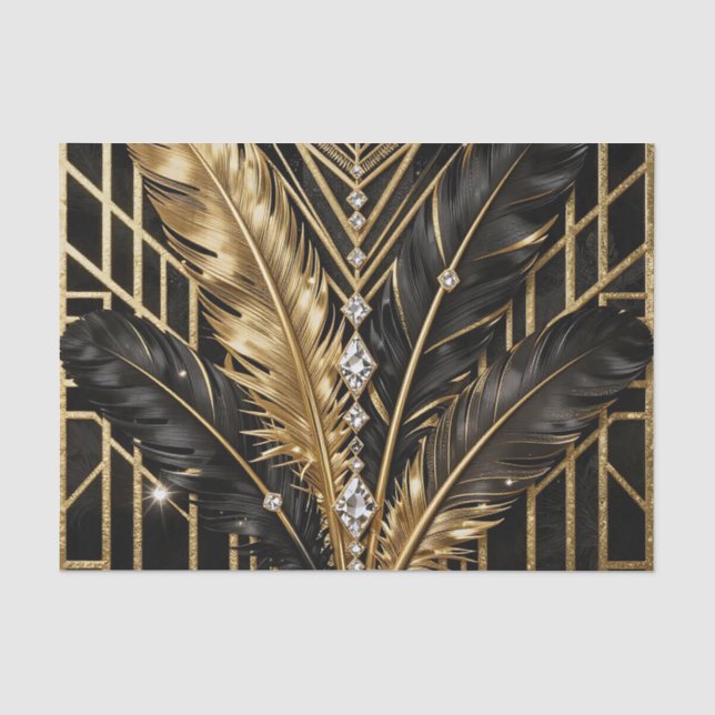 Papel De Seda Plumas Art Deco Negro Oro (Anverso)
