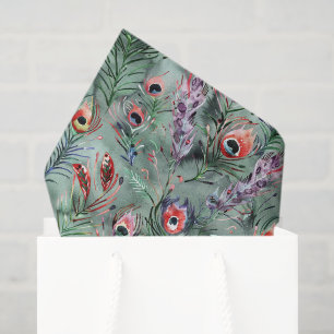 Papel De Seda Plumas de pavo real verdes rojas