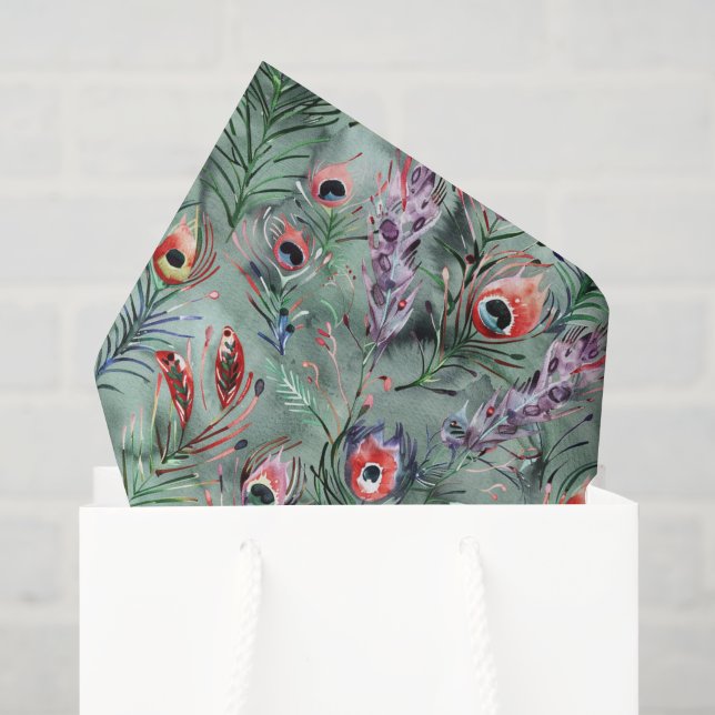 Papel De Seda Plumas de pavo real verdes rojas (Bolsa de regalo)