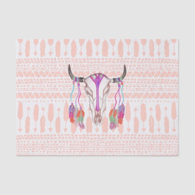 Papel De Seda Plumas del cráneo de Bull de la acuarela y Azteca (Anverso)