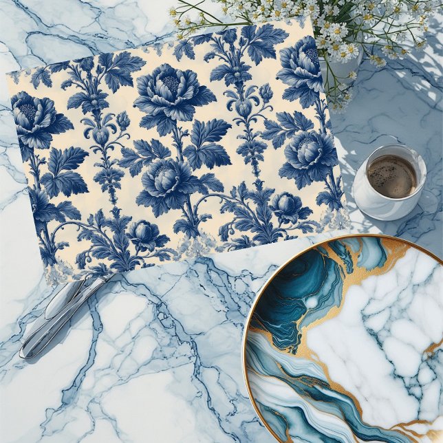 Papel De Seda Poetic Roses French Toile Floral Blue Historic  (Poetic Roses French Toile Floral Blue Historic Tissue Paper)