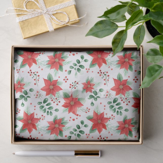 Papel De Seda Poinsettia botánica de acuarela minimalista (Regalo )