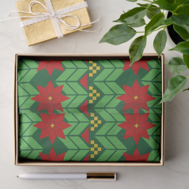 Papel De Seda Poinsettia Flowers Red Gold and Green Holiday (Regalo )