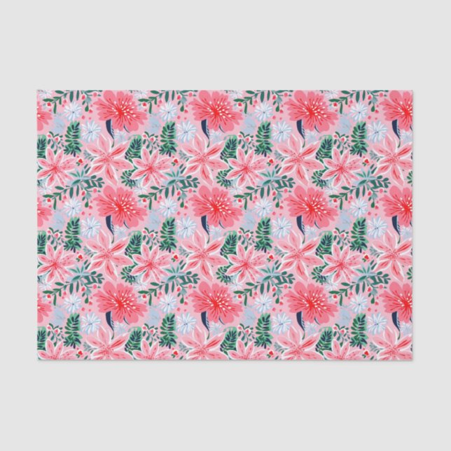 Papel De Seda Poinsettias de Navidades verdes rosados y precoces (Anverso)