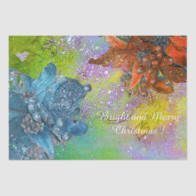 PAPEL DE SEDA POINSETTIAS ROJAS AZULES,ESTRELLAS XMAS EN DERRAME (Anverso)