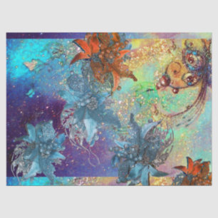 PAPEL DE SEDA POINSETTIAS ROJAS AZULES, MARIPOSAS EN DERRAMES DE