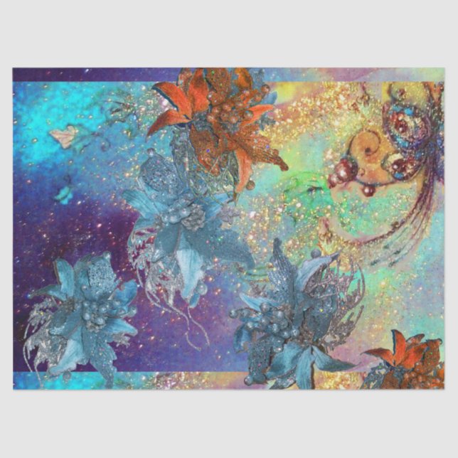 PAPEL DE SEDA POINSETTIAS ROJAS AZULES, MARIPOSAS EN DERRAMES DE (Anverso)