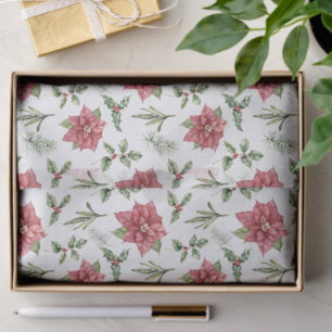 Papel De Seda Poinsettias rojas de acuarela, abeto de Navidad
