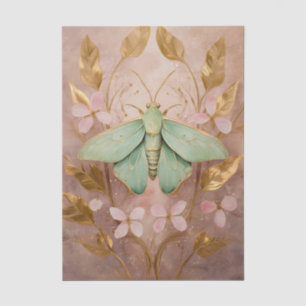 Papel De Seda Polilla Esmeralda y Flores Doradas Rosa Suave