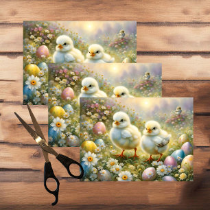 Papel De Seda Pollitos en un prado con huevos de Pascua, cosecha
