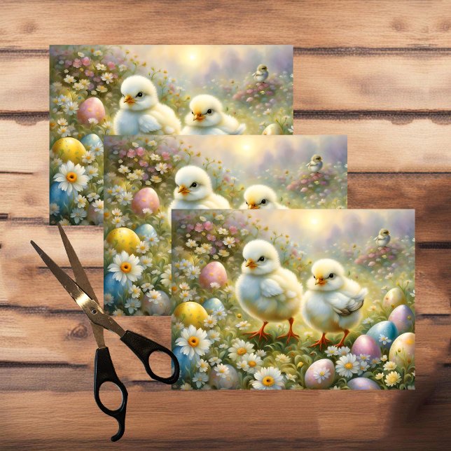 Papel De Seda Pollitos en un prado con huevos de Pascua, cosecha (Subido por el creador)