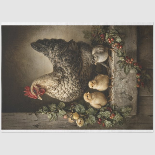 Papel De Seda Pollo Rústico Hen con pollitos Desnudos (Anverso)