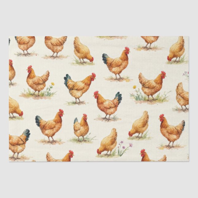 Papel De Seda Pollos de corral y patrón botánico (Anverso)