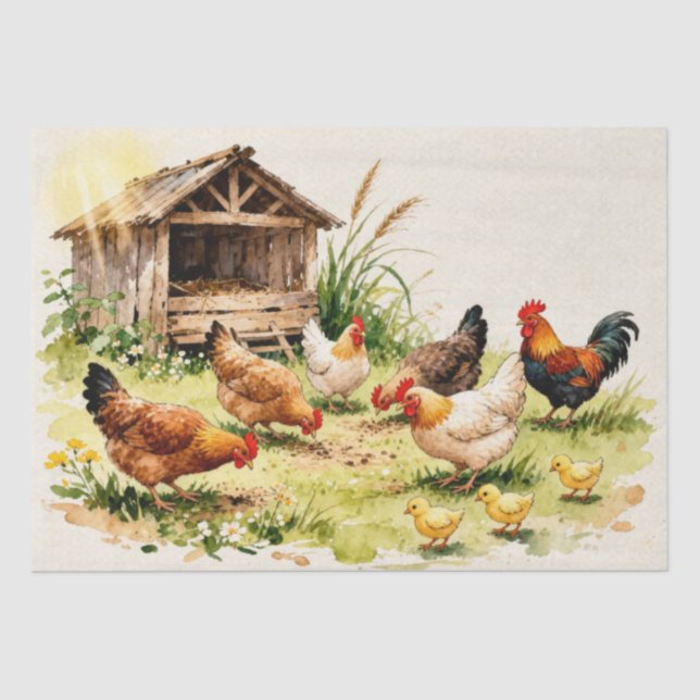Papel De Seda Pollos de granja al acuarela (Anverso)
