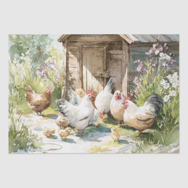 Papel De Seda Pollos de granja al acuarela (Anverso)